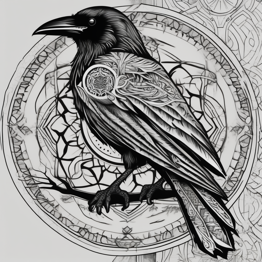 left arm tattoo of a raven on a branch surrounded by mandala fishing tattoos, design de tatouage Surréaliste généré par IA